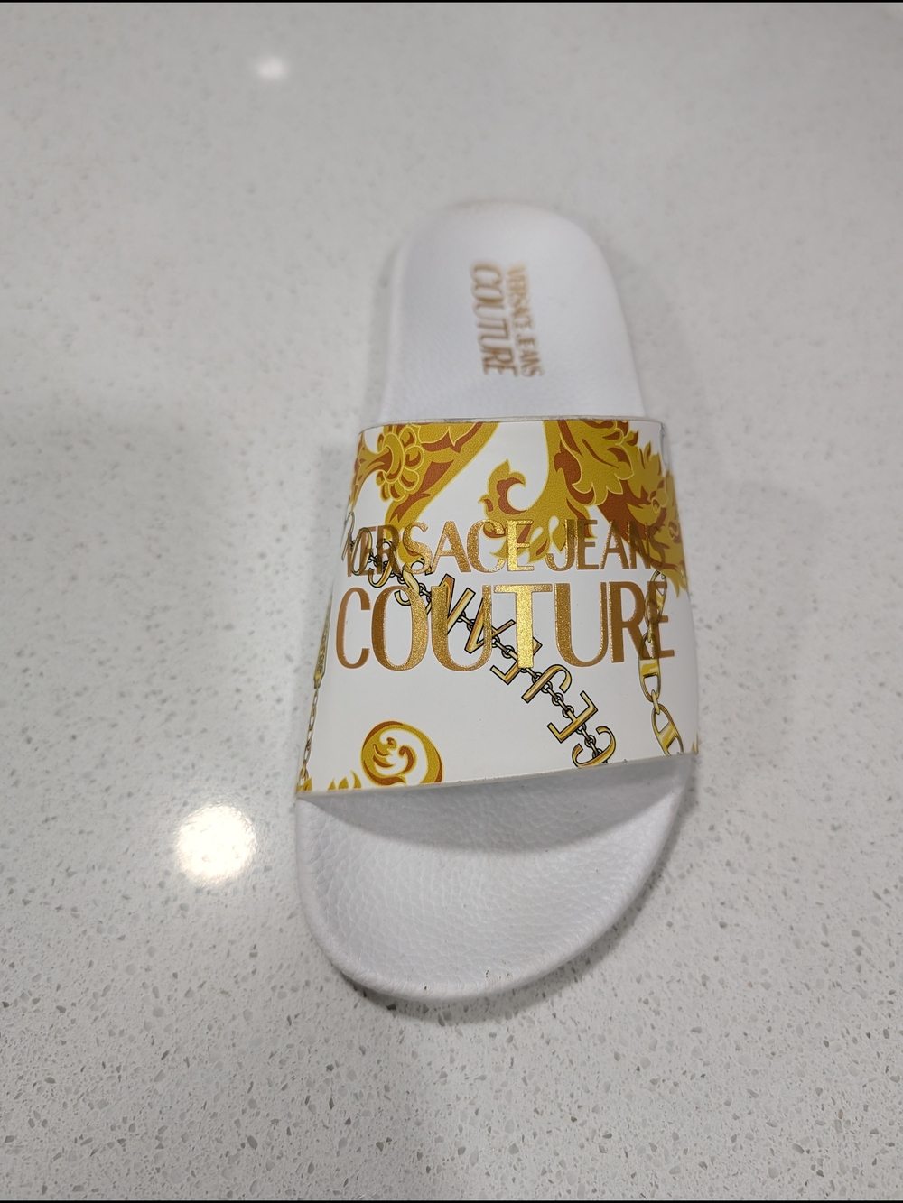 Versace Jeans Couture Collection White & Gold Logo Slide Sandals - Picture 2 of 4